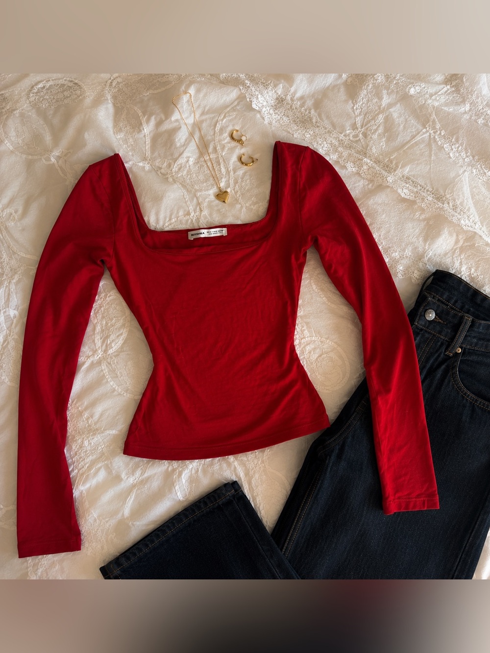 Bershka Red Square-Neck Long Sleeve Top